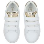 White & Gold Velcro Logo Trainers, 1, hi-res