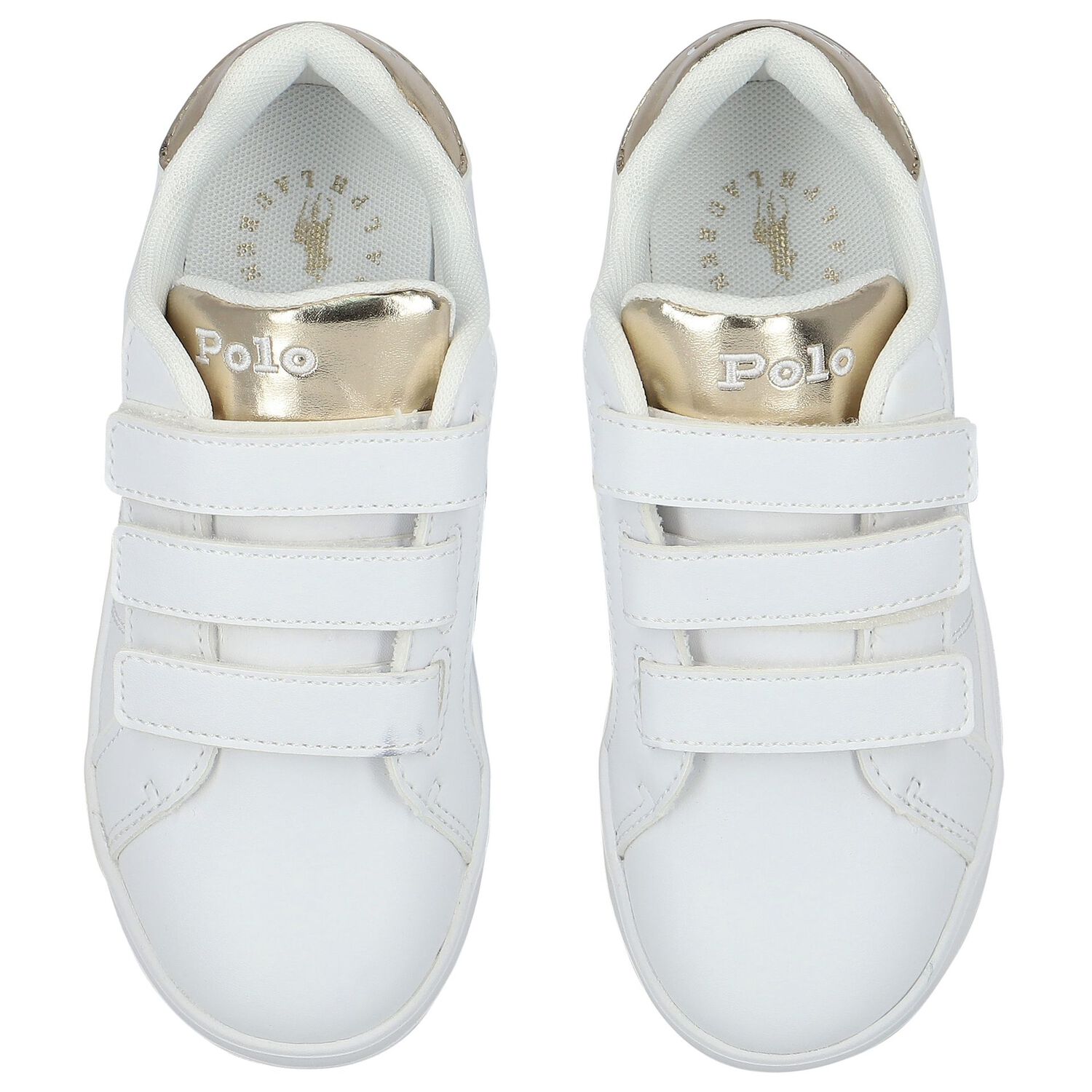 White & Gold Velcro Logo Trainers, 1, hi-res