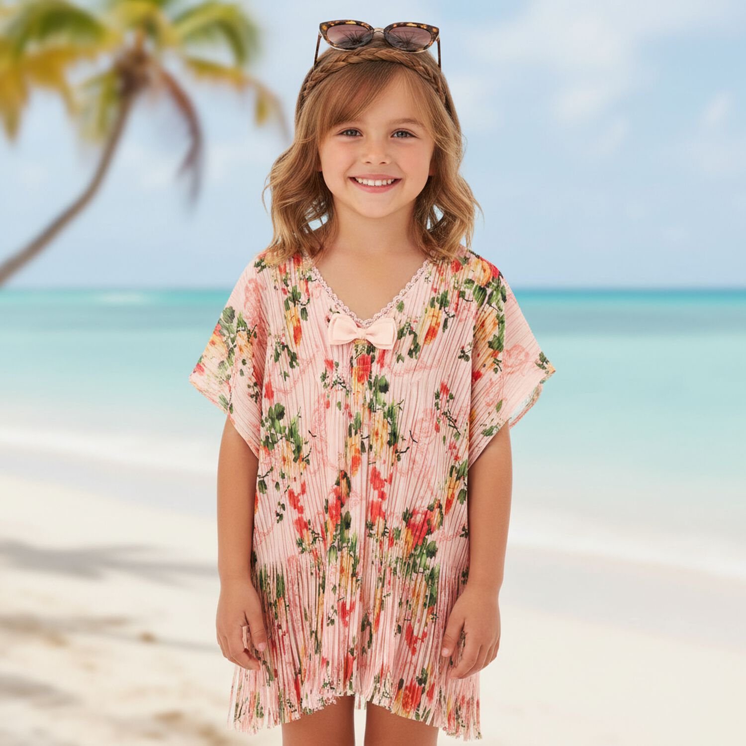 Girls Pink Pleated Kaftan, 1, hi-res