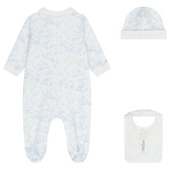 Baby Boys White & Blue Toile De Jouy Babygrow Gift Set