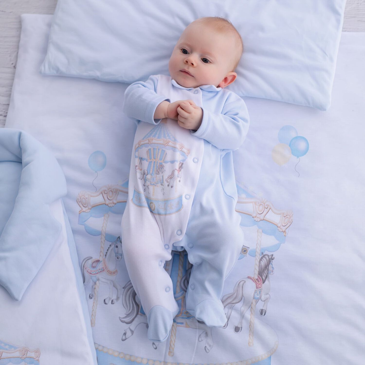 Baby Boys White & Blue Carousel Blanket, 1, hi-res
