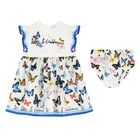Younger Girls White & Blue Poplin Butterfly Print Dress, 1, hi-res