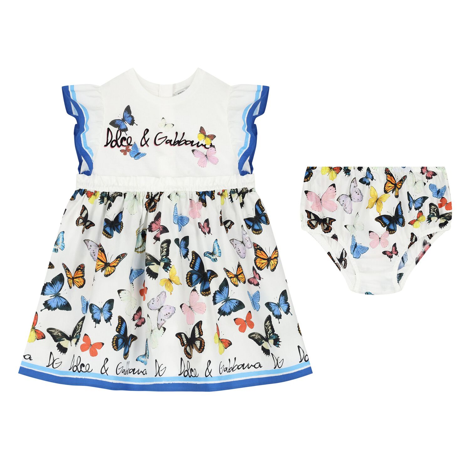 Younger Girls White & Blue Poplin Butterfly Print Dress, 1, hi-res
