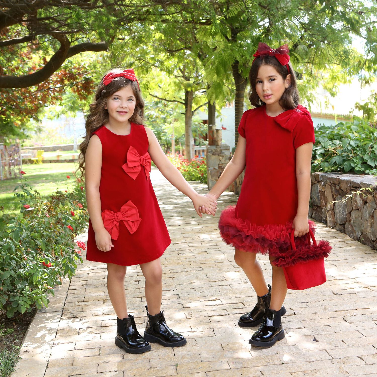 Girls Red Velvet Bow Dress, 1, hi-res image number null