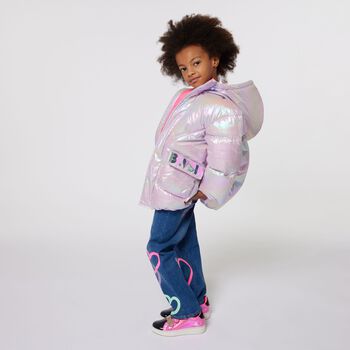 Girls Pink Logo Iridescent Puffer Jacket