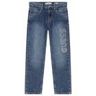 Girls Blue Embellished Logo Denim Jeans, 1, hi-res