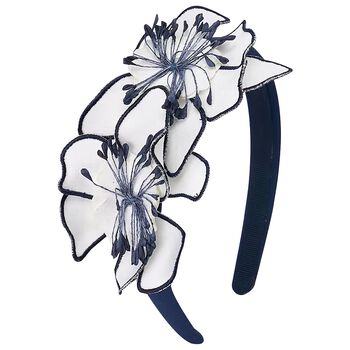 Girls White & Navy Blue Flower Headband
