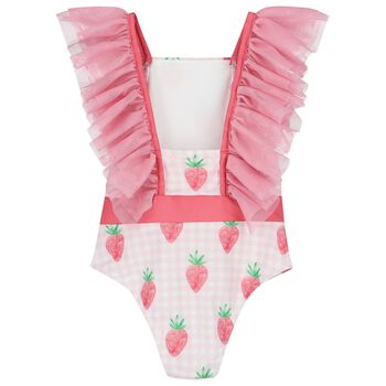 Girls White & Pink Gingham Strawberries Swimsuit