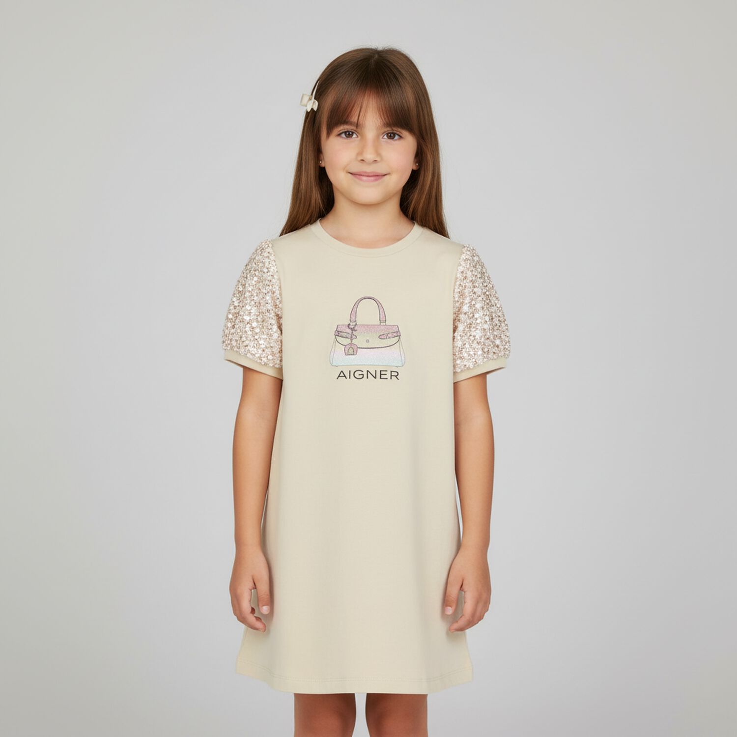 Girls Beige Bag Logo Dress, 2, hi-res
