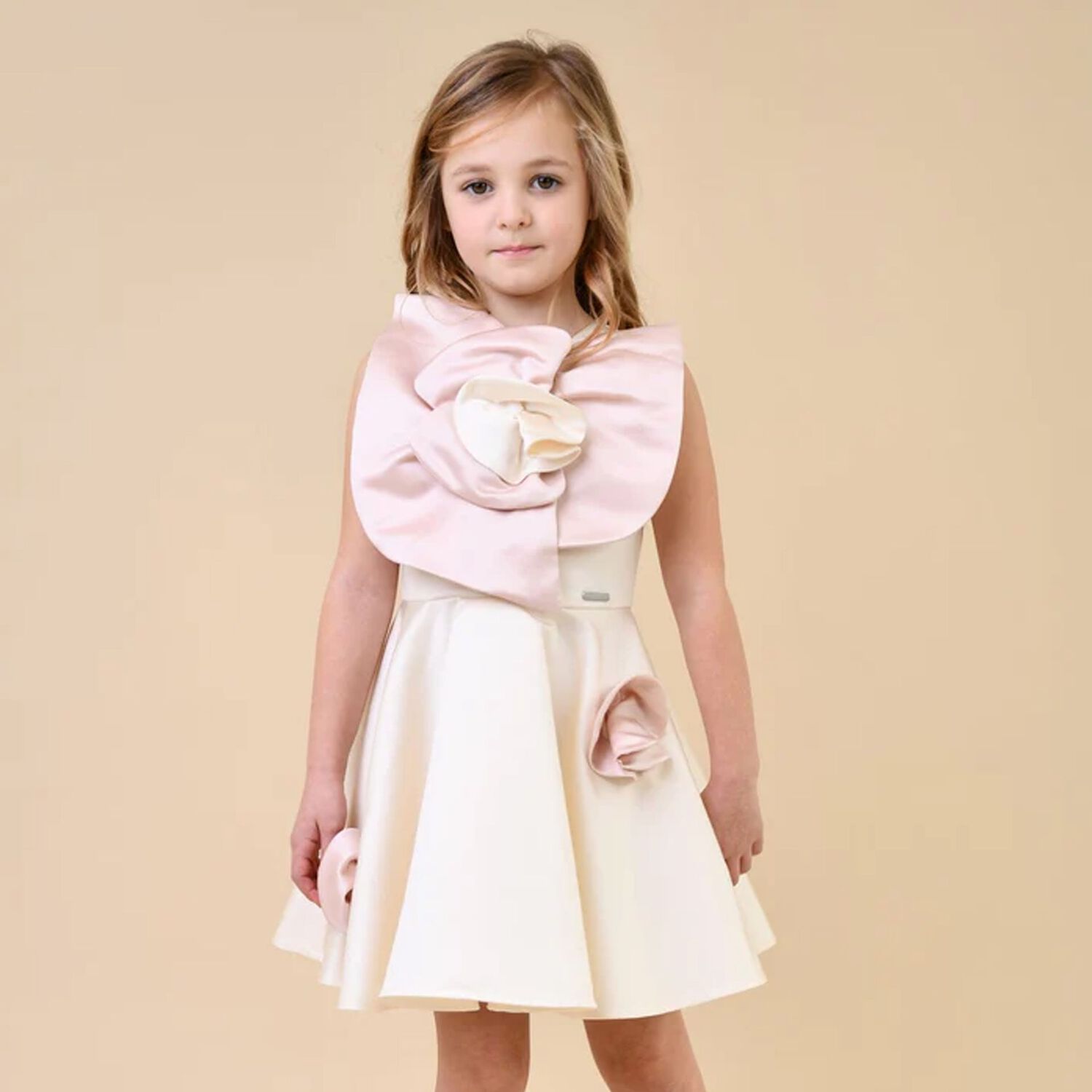 Girls White & Pink Flower Satin Dress, 1, hi-res