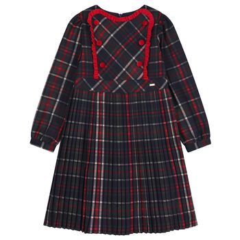 Girls Navy Blue & Red Tartan Dress