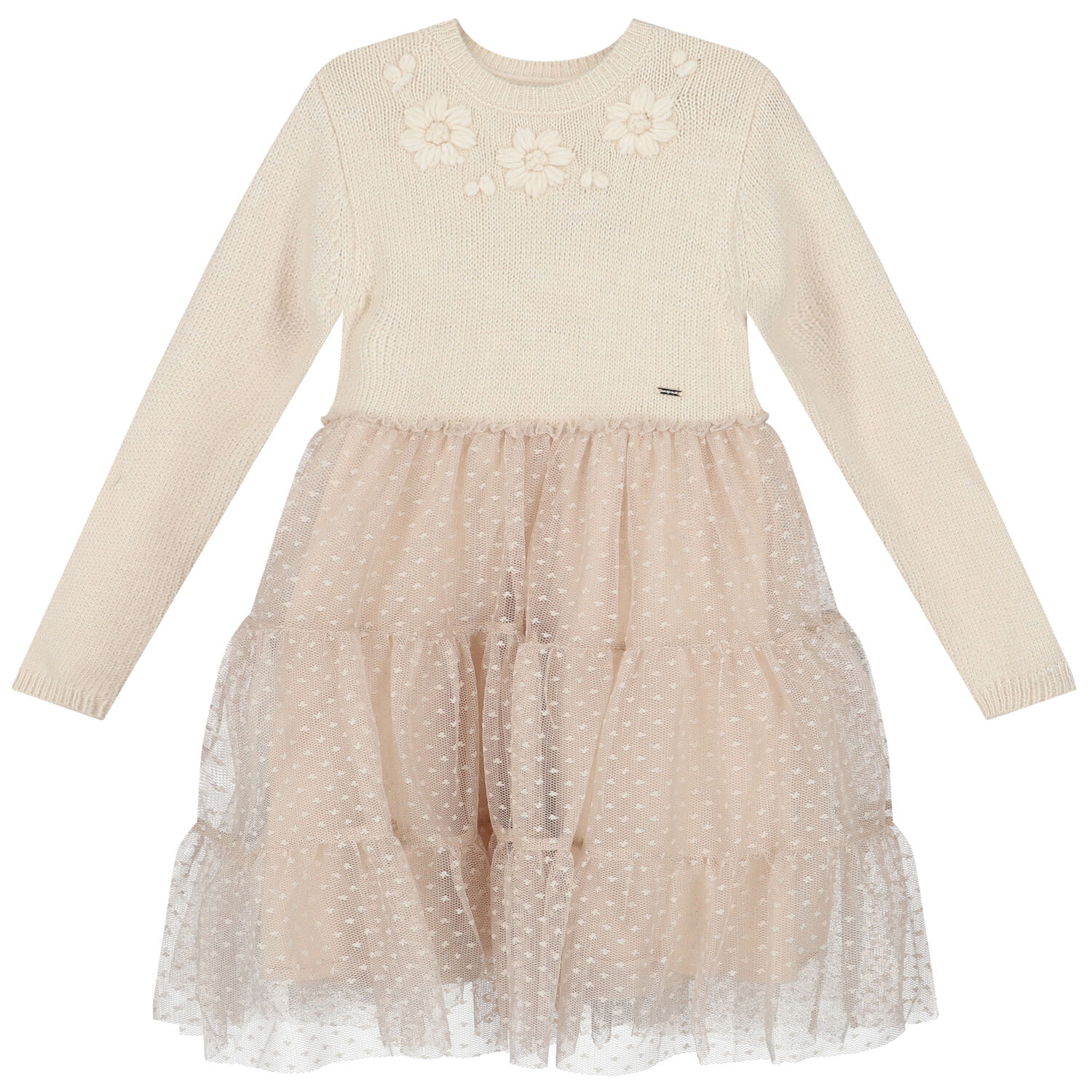 Girls Ivory Knitted Tulle Dress, 2, hi-res
