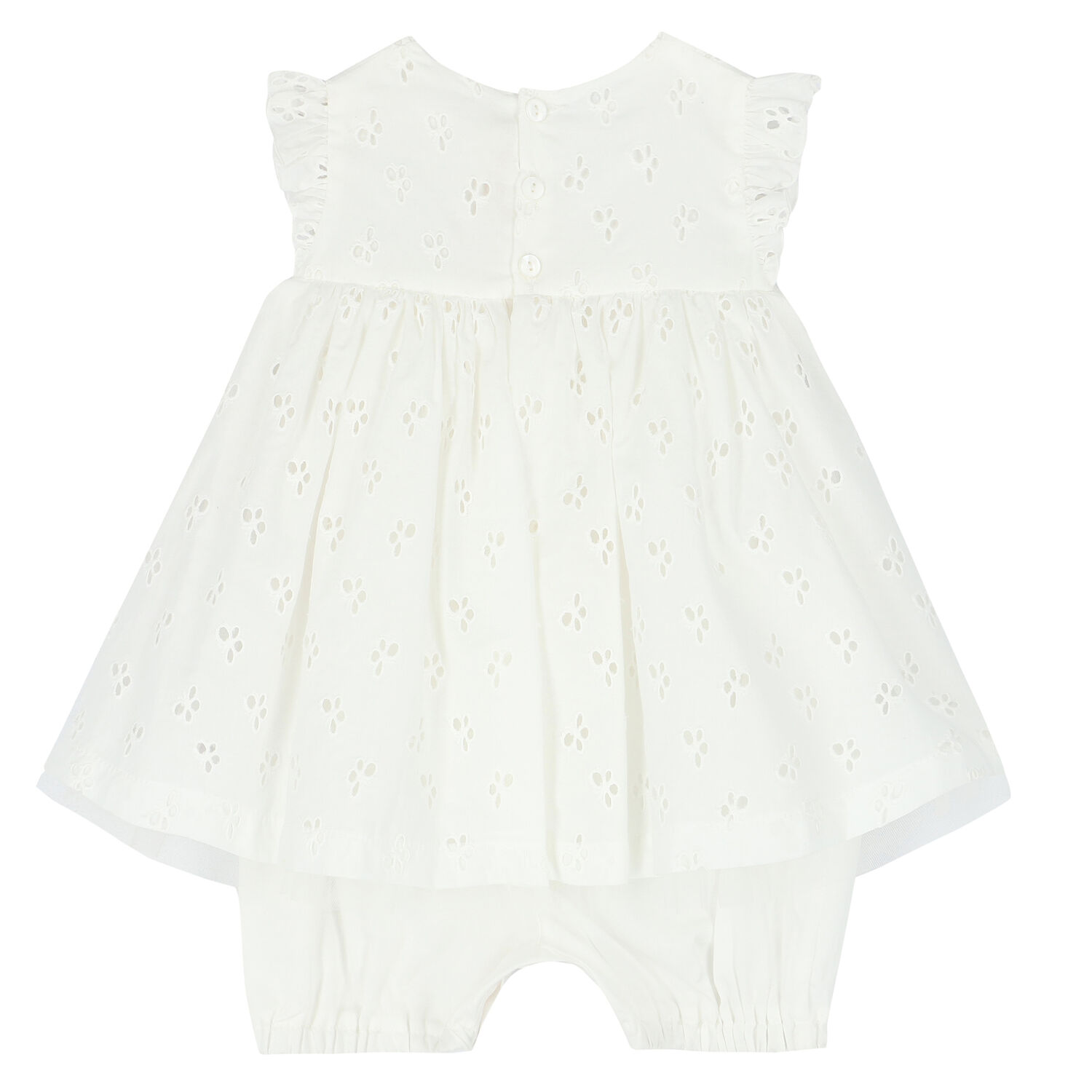 Girls White Cotton Dress Romper, 1, hi-res