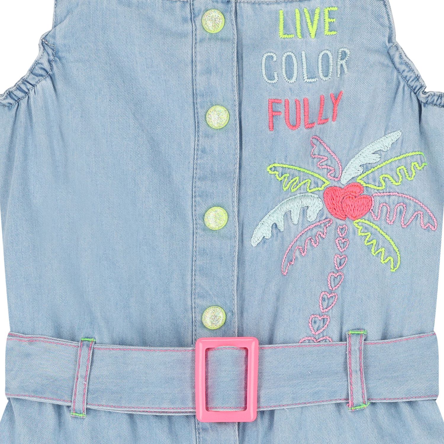 Girls Blue Denim Embroidered Playsuit, 1, hi-res