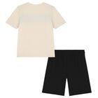 Boys Beige  & Black Logo Shorts Set, 2, hi-res