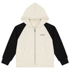 Boys Ivory & Black Logo Hooded Zip Up Top, 1, hi-res