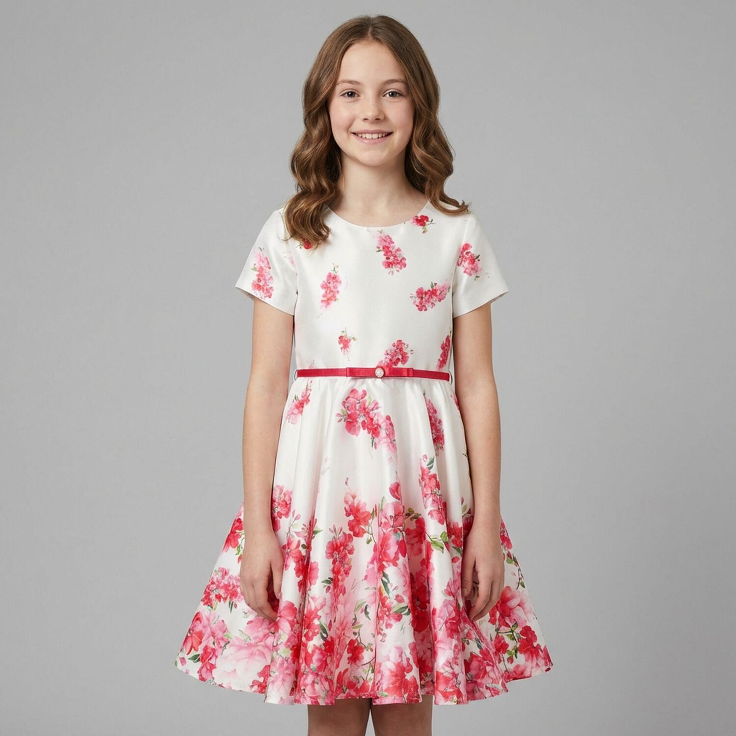 Girls White Floral Satin Dress, 1, hi-res