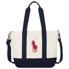 Girls Ivory & Navy Blue Canvas Pony Logo Tote Bag ( 44cm ), 1, hi-res