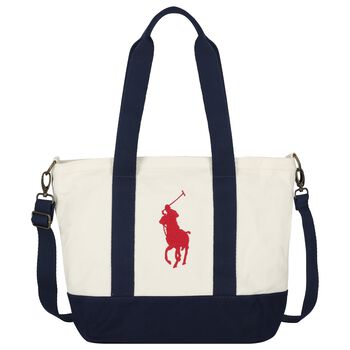 Girls Ivory & Navy Blue Canvas Pony Logo Tote Bag ( 44cm )