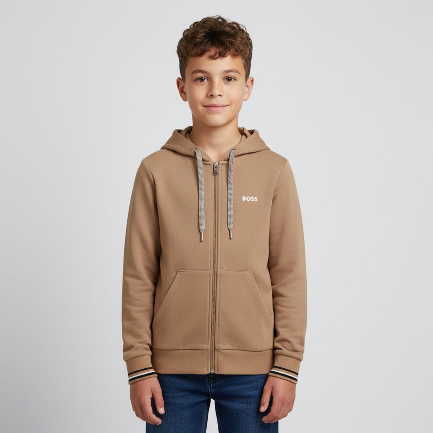 Boys Beige Logo Hooded Zip Up Top, 2, hi-res
