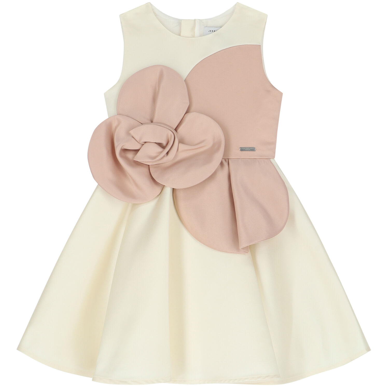 Girls Ivory & Pink Flower Satin Dress, 1, hi-res