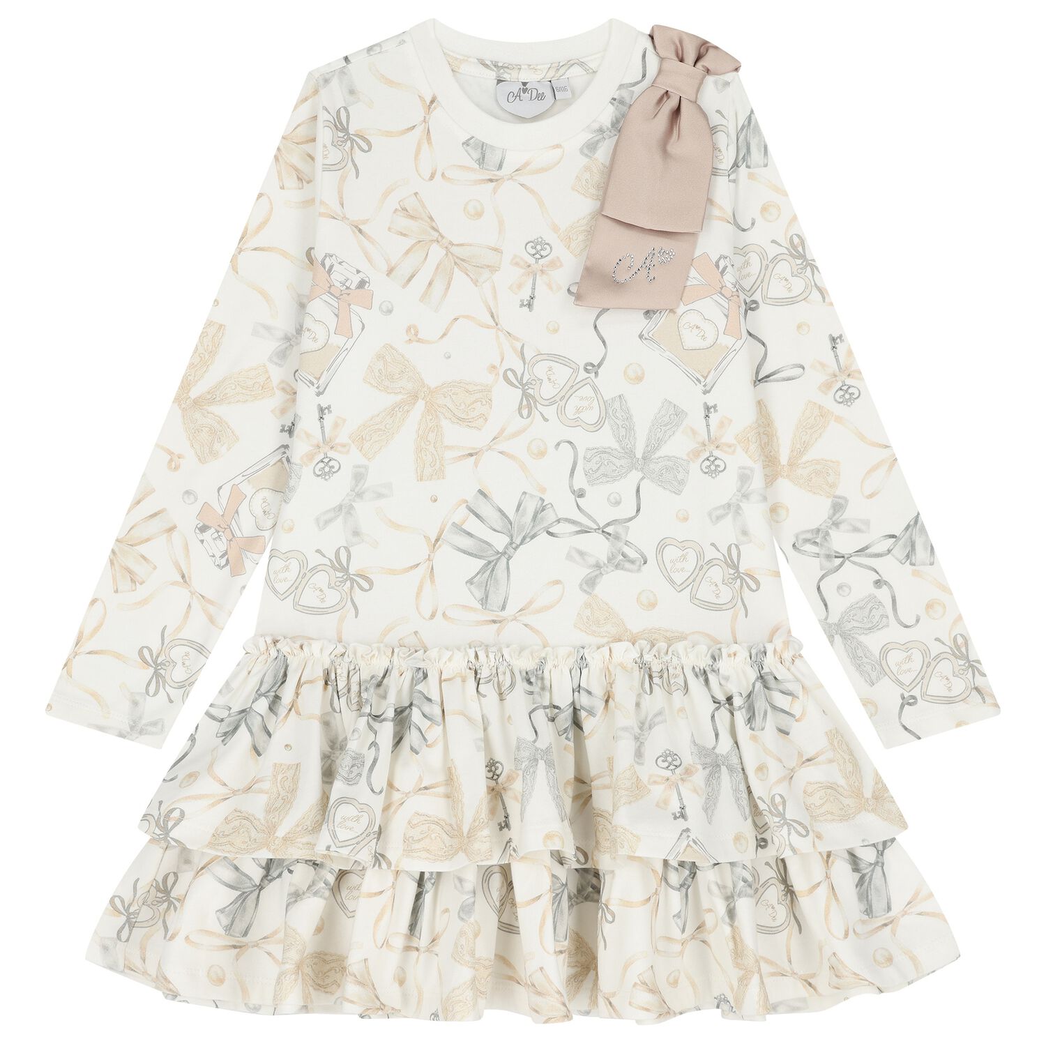 Girls Ivory Bow Dress, 1, hi-res