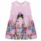 Girls Pink Floral Printed Collared Dress, 1, hi-res