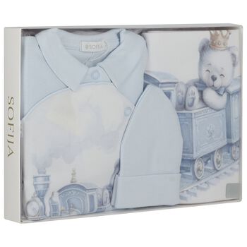 Baby Boys Blue & White Teddy Bear Babygrow Gift Set