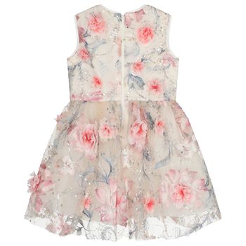 Girls Beige & Pink 3D Floral Tulle Dress