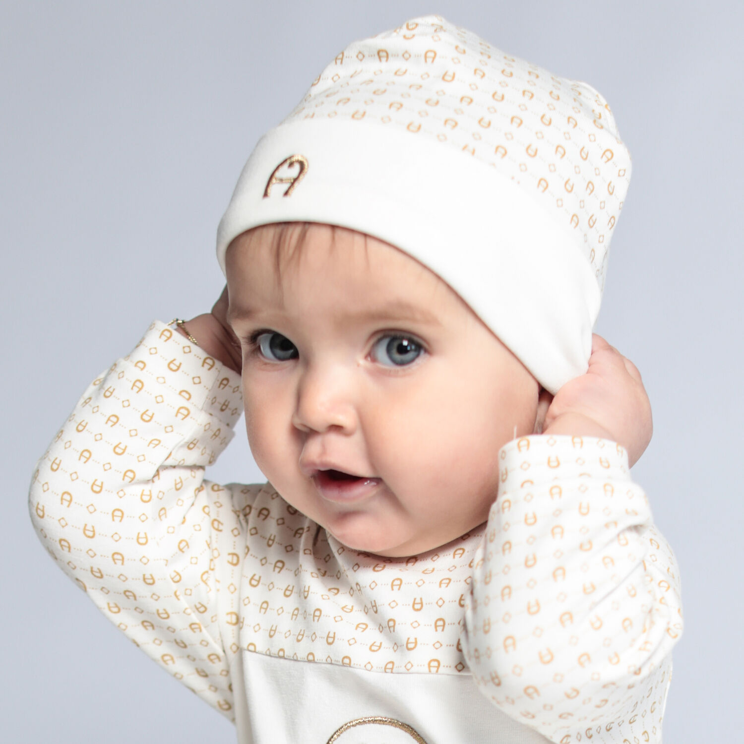 Ivory & Gold Pima Cotton Logo Baby Hat, 1, hi-res