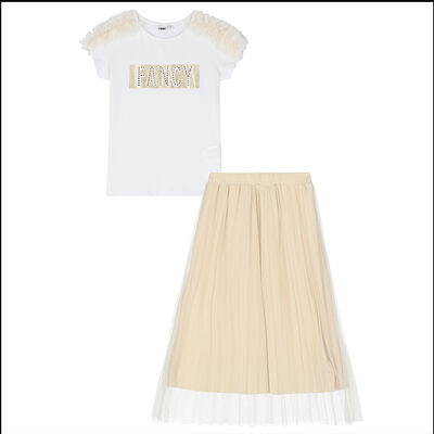 Girls White & Beige Skirt Set