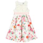 Girls White Floral Satin Dress, 1, hi-res