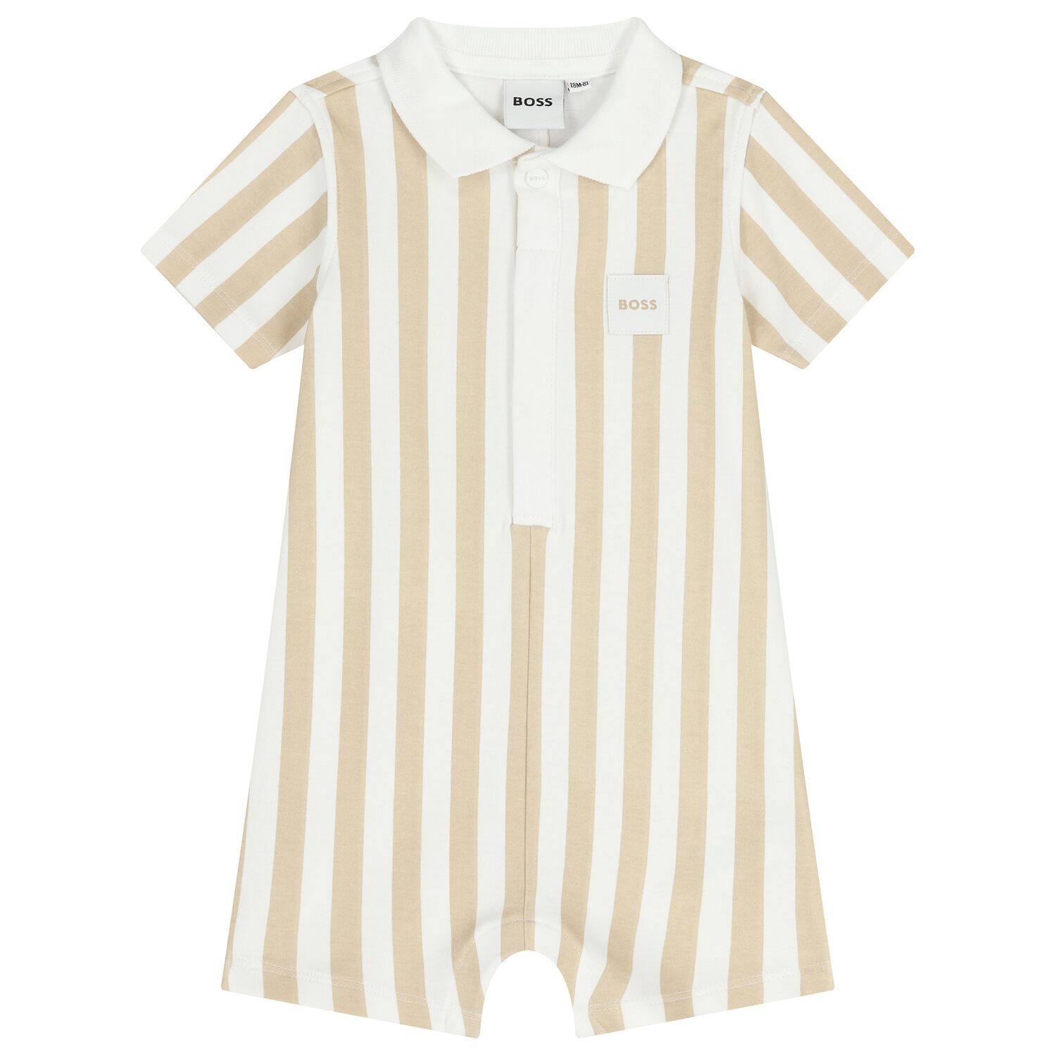 Baby Boys Beige & White Striped Logo Romper, 1, hi-res