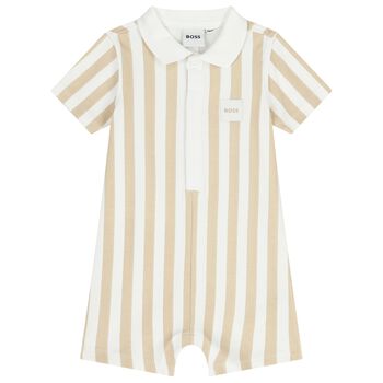 Baby Boys Beige & White Striped Logo Romper
