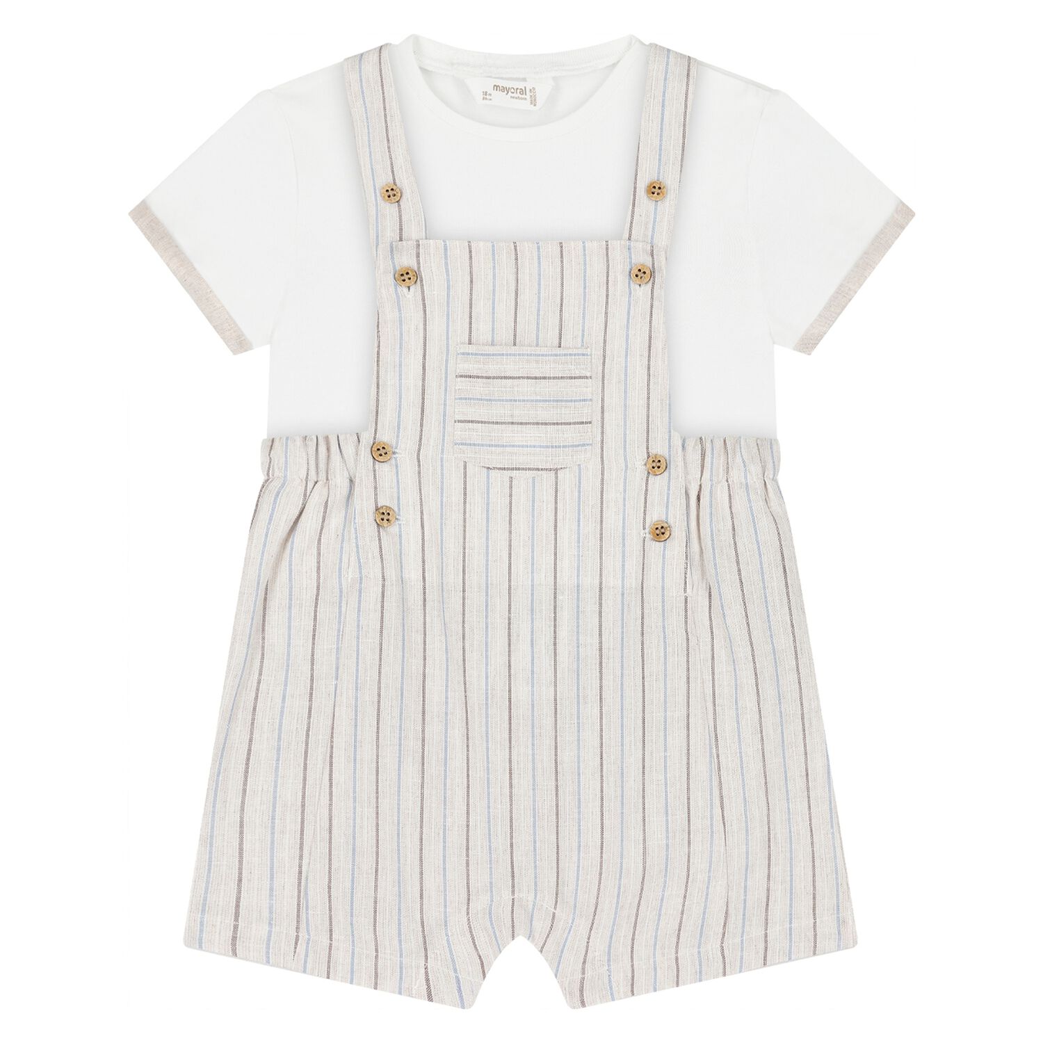 Baby Boys Beige & White Dungaree Set, 1, hi-res