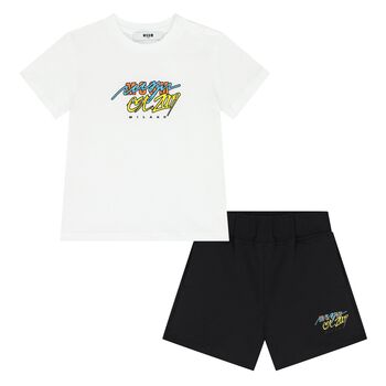 Younger Boys White & Black Logo Shorts Set