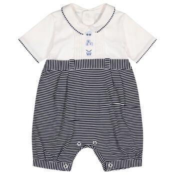 Baby Boys White & Navy Blue Striped Romper