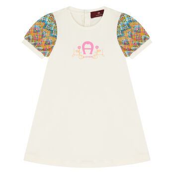 Younger Girls Ivory Logo Dress