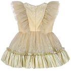 Younger Girls Gold Tulle Ruffled Dress, 1, hi-res