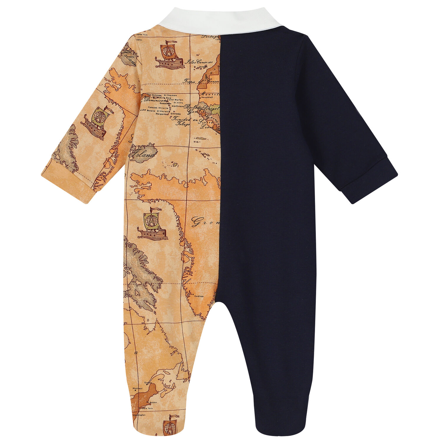 Beige & Navy Blue Logo Geo Map Babygrow, 1, hi-res
