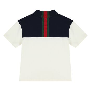 Younger Boys Ivory & Navy Blue Web Striped Polo Shirt