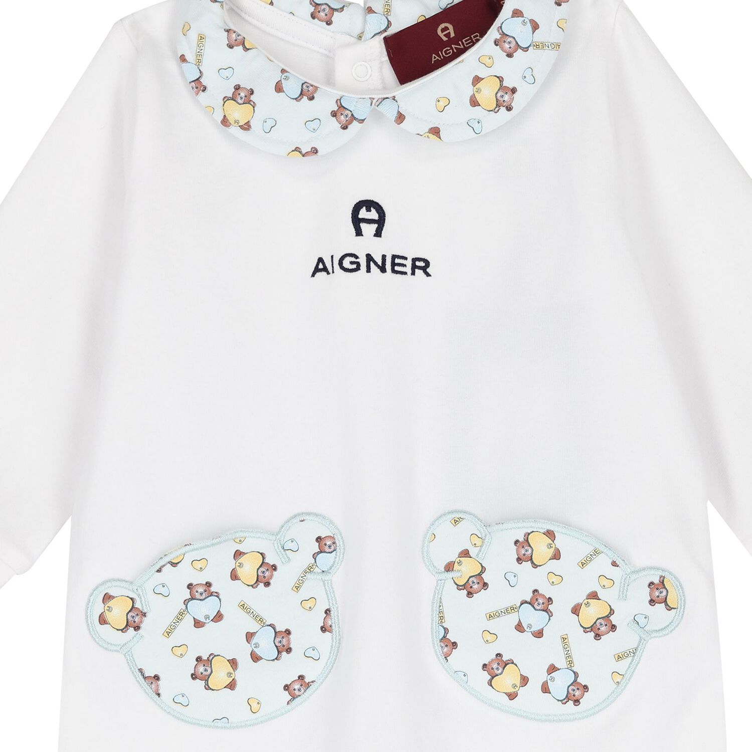 Baby Boys White & Blue Teddy Bear Logo Babygrow, 1, hi-res