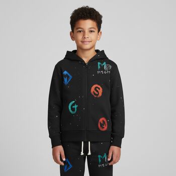 Black Logo Hooded Zip Up Top