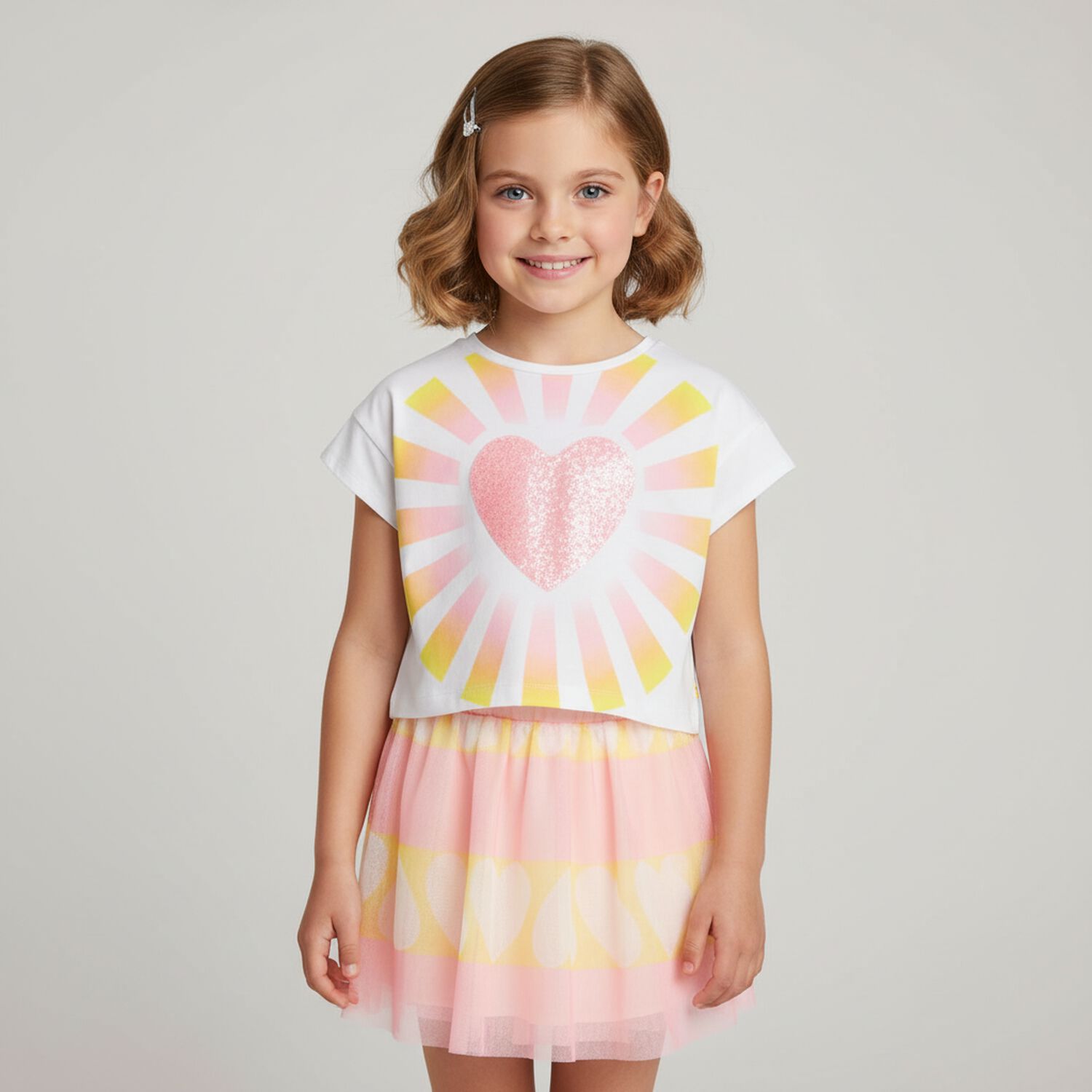 Girls White Heart Sequin T-Shirt, 1, hi-res