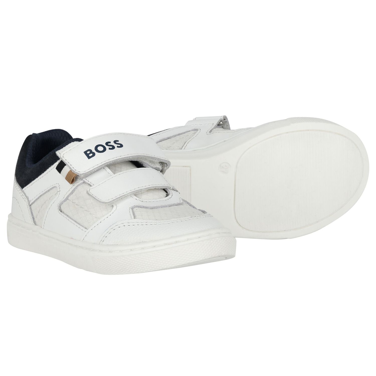 Boys White & Navy Blue Logo Trainers, 2, hi-res