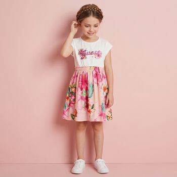 Girls Ivory & Pink Logo Floral Dress