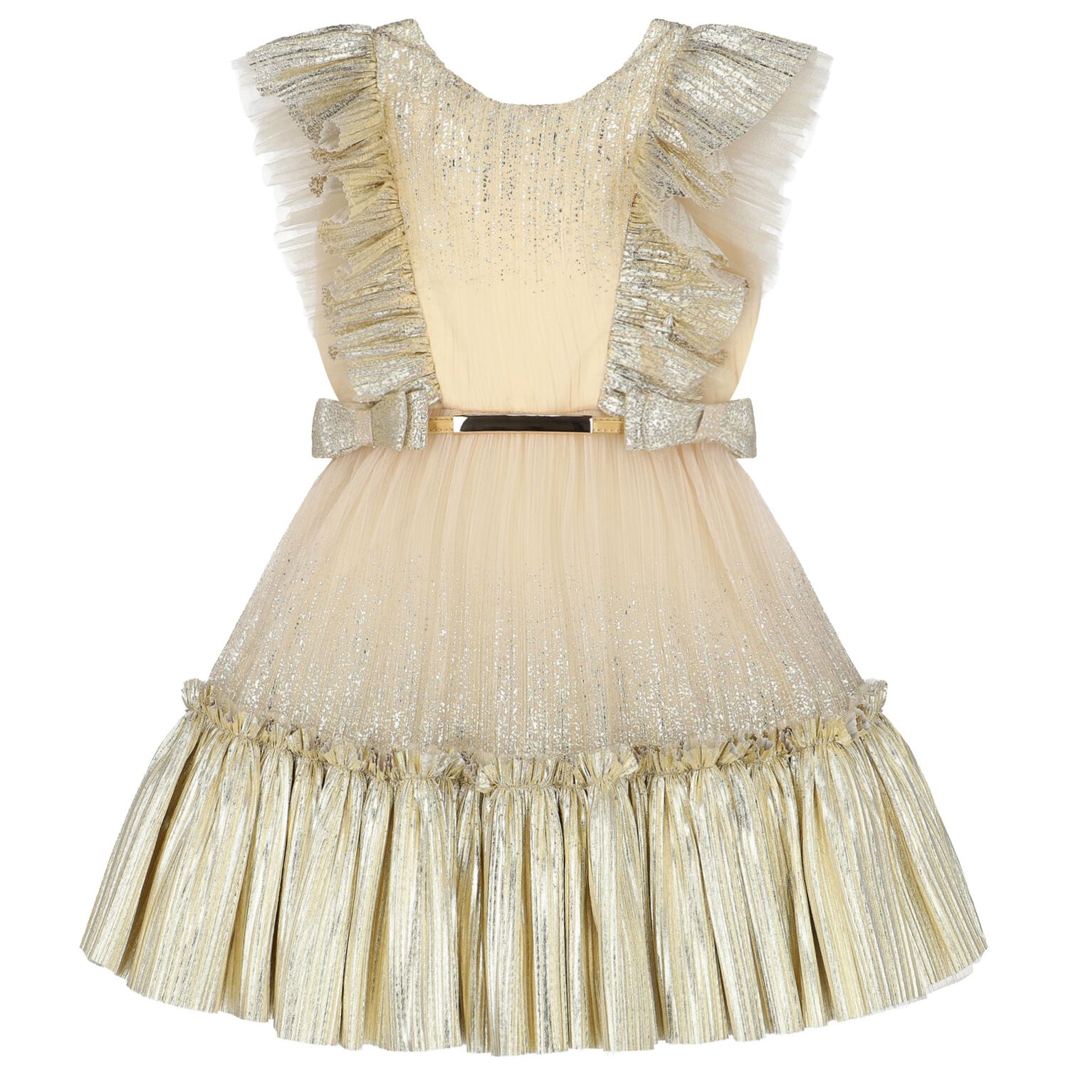 Girls Gold Tulle Ruffled Dress, 2, hi-res
