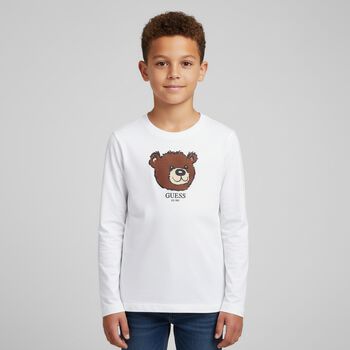 Boys White Teddy Bear Long Sleeve Top, 1 Boys White Teddy Bear Long Sleeve Top
