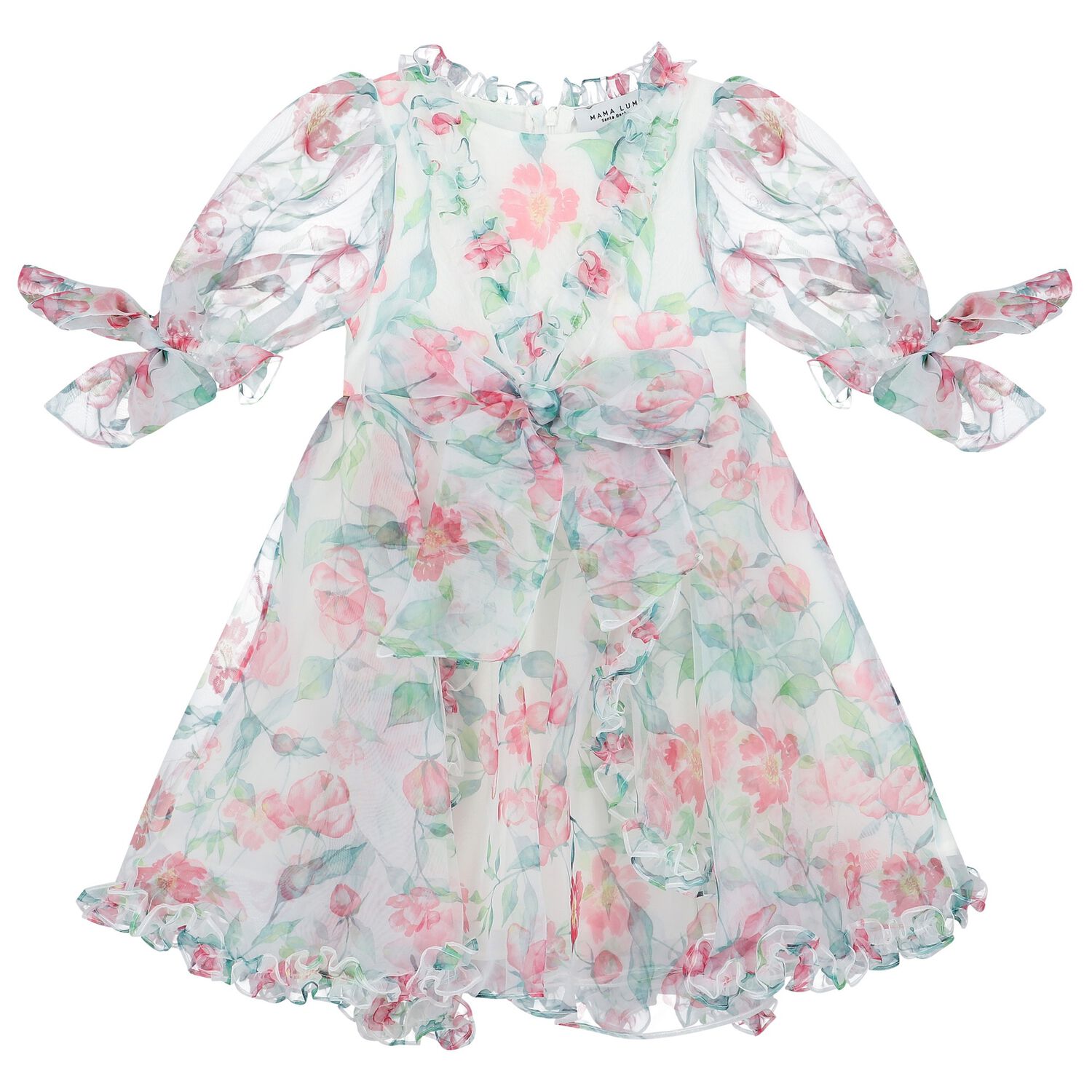 Girls White Floral Tulle Dress, 1, hi-res
