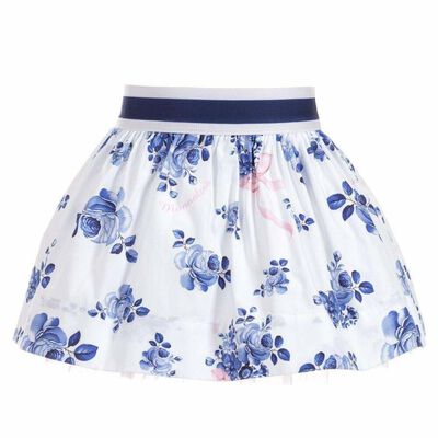 Younger Girls White & Blue Floral Skirt